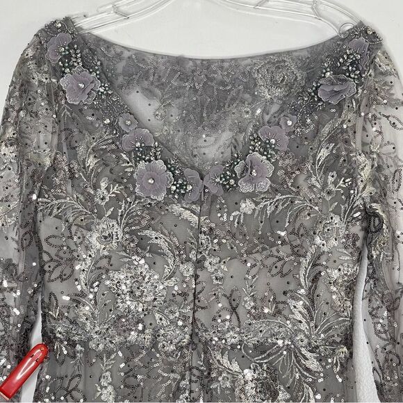 Mac Duggal 67498 Floral Embroidered Illusion Long Sleeve Gown, Sterling, Size 12 - Picture 6 of 11